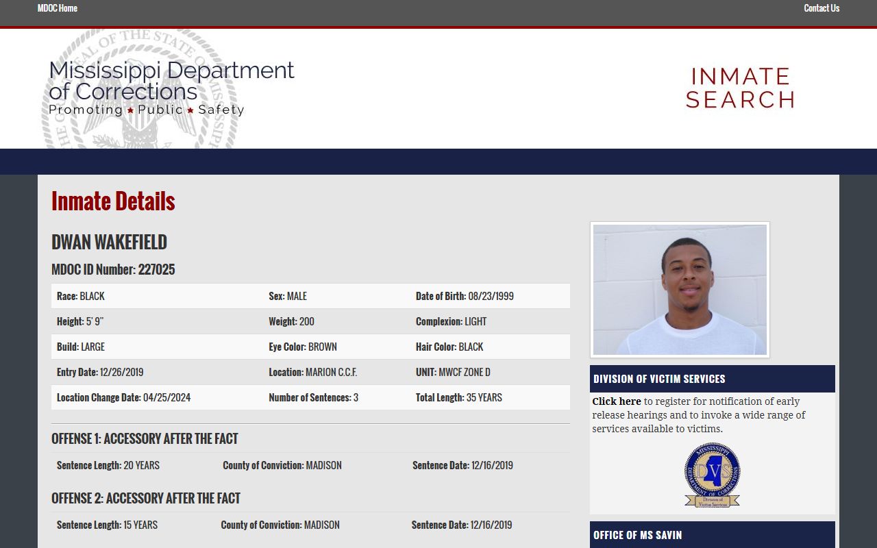 MDOC sample inmate detail fields for Noxubee County state inmate records