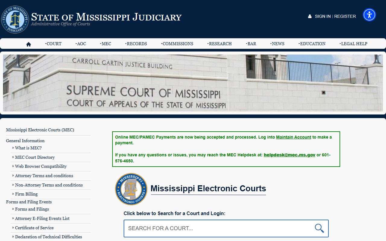 Mississippi Electronic Courts portal for Noxubee County court records after arrest