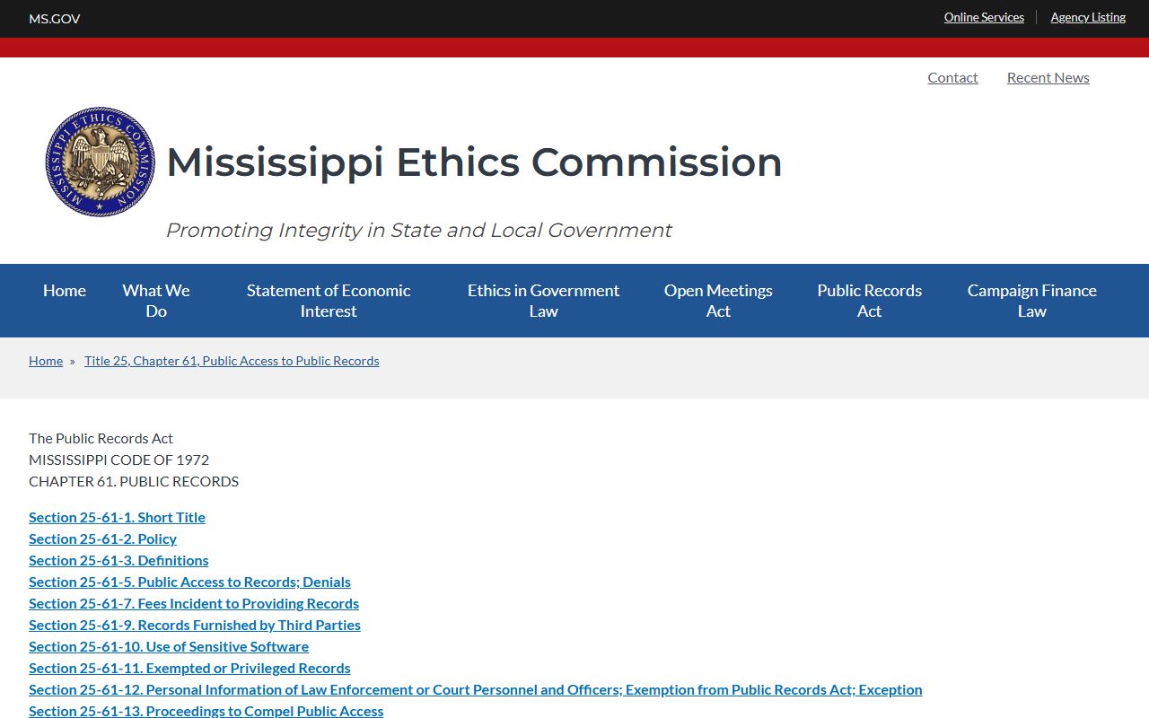 Mississippi Public Records Act source for Noxubee County inmate records requests